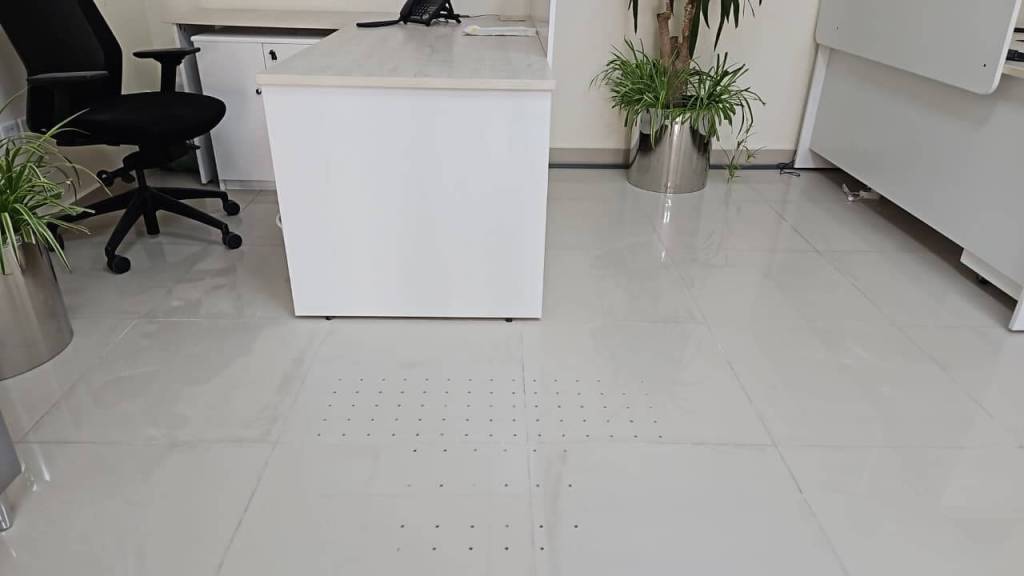 An office space featuring a white desk, a black office chair, and potted plants. The shiny floor has a pattern of dots visible near the desk.