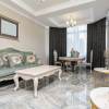 living room interior with furniture and statuettes in flat