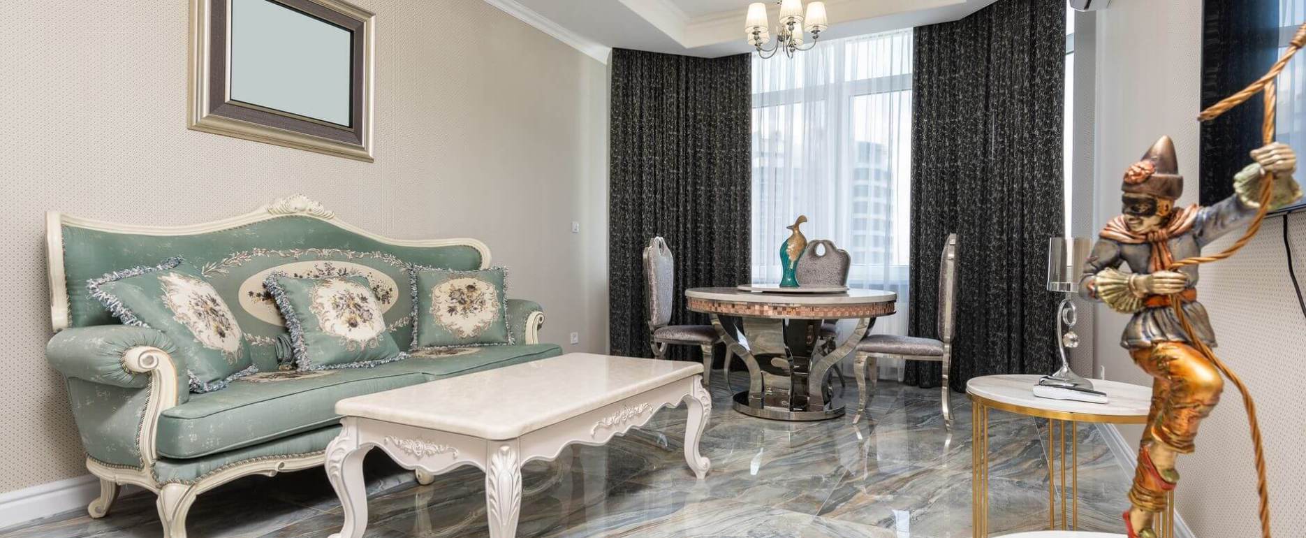 living room interior with furniture and statuettes in flat