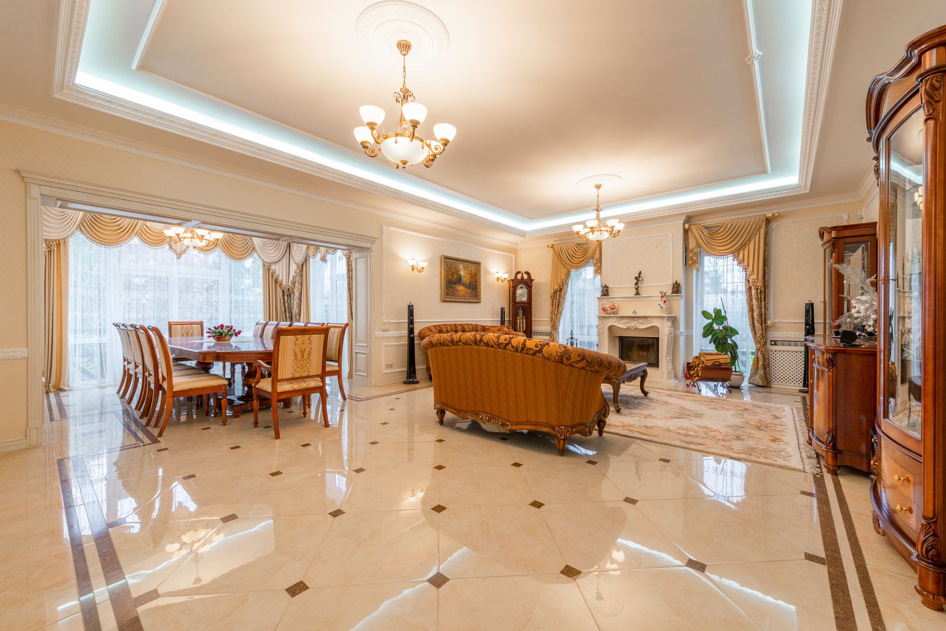 a wide angle shot of a living room near the dining area