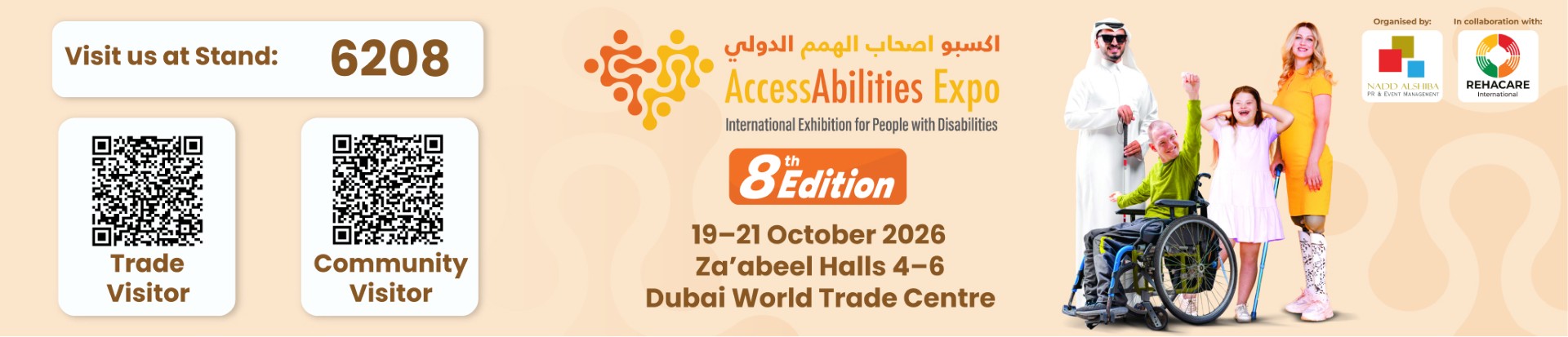 Banner for the AccessAbilities Expo featuring event details, QR codes for visitors, and diverse individuals, including a child in a wheelchair.